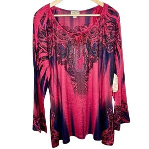 One World Tasseled Long Sleeve Boho Knit Top Red Womens 2X Whimsigoth